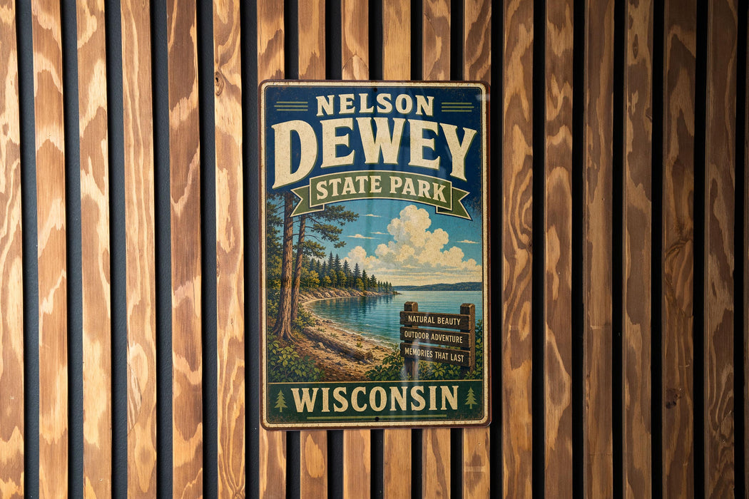 A vintage-style metal sign for Nelson Dewey State Park in Wisconsin, featuring a scenic landscape with a lake, trees, and mountains.