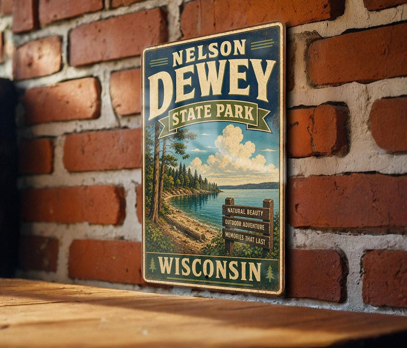 A vintage-style metal sign for Nelson Dewey State Park in Wisconsin, featuring a scenic landscape with a lake, trees, and mountains.