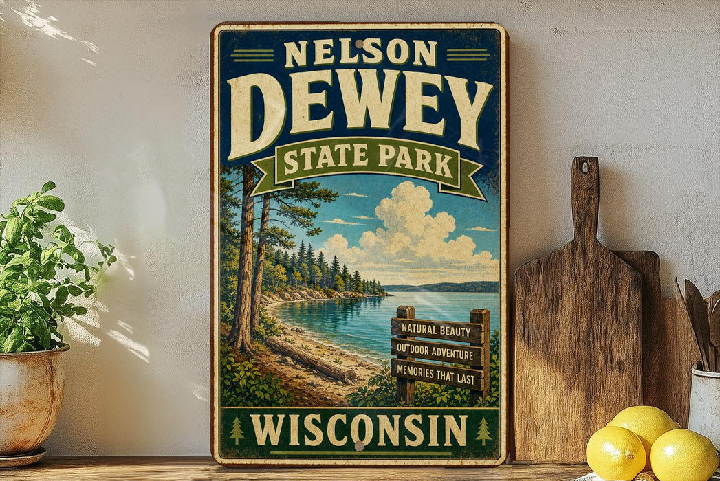 A vintage-style sign for Nelson Dewey State Park in Wisconsin, featuring a scenic landscape with pine trees, a lake, and mountains.