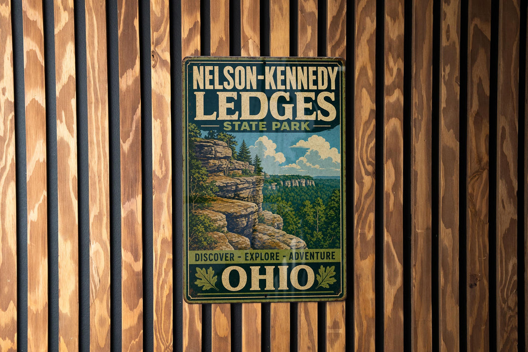 A vintage-style metal sign for Nelson-Kennedy Lidges State Park in Ohio, featuring a scenic landscape with a cliff and trees.