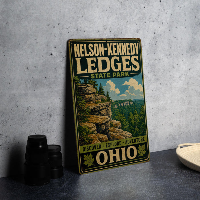 A vintage-style metal sign for Nelson-Kennedy Lidges State Park, featuring a scenic illustration of a rocky cliff with a forest in the background.