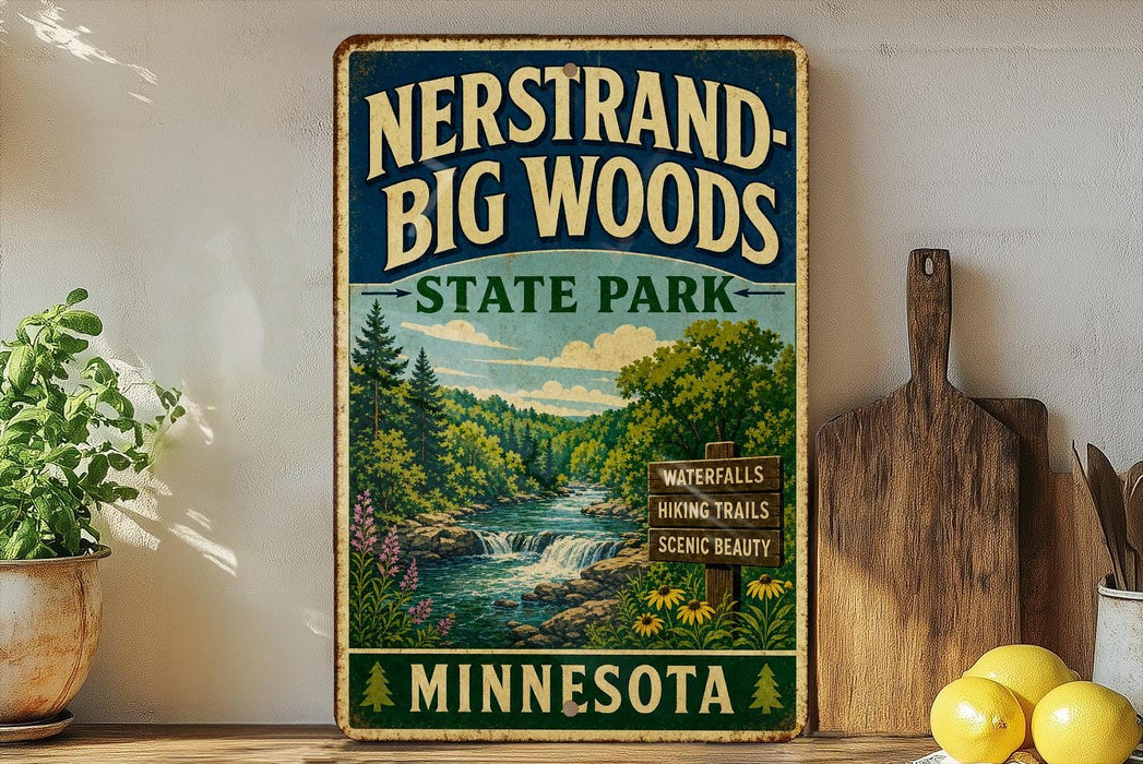 A vintage-style metal sign fornersound-big woods state park in Minnesota, featuring a scenic landscape with a waterfall and pine trees.