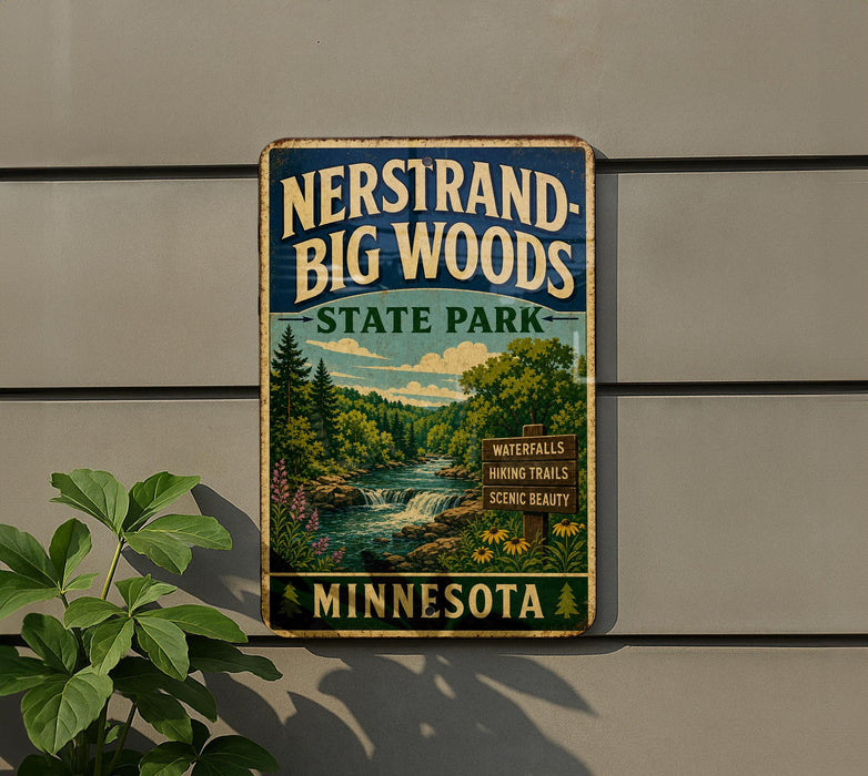 A vintage-style sign fornersand-big woods state park in Minnesota, featuring a scenic illustration of a forest, a waterfall, and a trail.