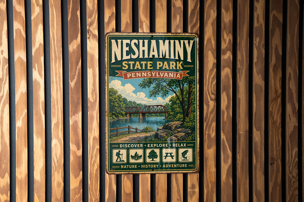 A vintage-style metal sign for Neshaminy State Park in Pennsylvania, featuring a scenic illustration of a bridge over a river surrounded by trees.