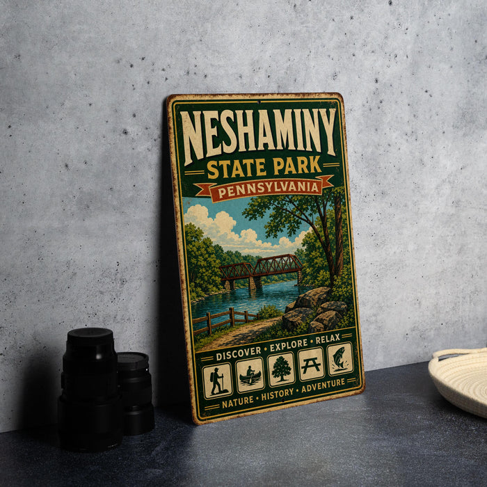 A vintage-style metal sign forNESHAMINY STATE PARK, Pennsylvania, featuring an illustration of a bridge and trees, is displayed on a gray concrete surface next to a stack of black camera lenses.