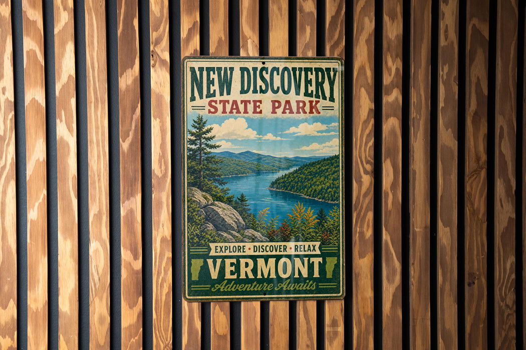 A vintage-style metal sign for New Discovery State Park, featuring a scenic landscape with mountains, a lake, and pine trees.