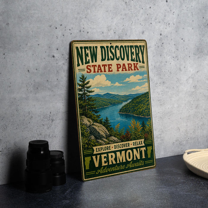 A vintage-style metal sign for New Discovery State Park, featuring a scenic landscape with mountains, a river, and pine trees.