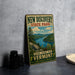 A vintage-style metal sign for New Discovery State Park, featuring a scenic landscape with mountains, a river, and pine trees.