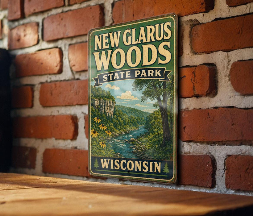 A vintage-style metal sign for New Glarus Woods State Park in Wisconsin, featuring a scenic illustration of a river and forest landscape.
