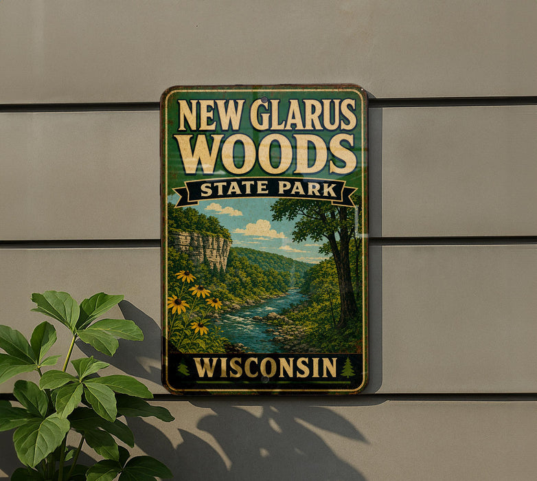 A vintage-style sign for New Glarus Woods State Park in Wisconsin, featuring a scenic landscape with a river, cliffs, and trees.