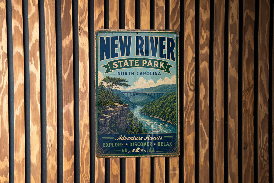 A vintage-style metal sign for New River State Park in North Carolina, featuring a scenic illustration of a river and mountains.