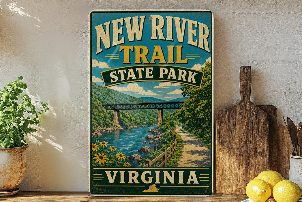 a vintage-style sign for the New River Trail State Park in Virginia, with a scenic illustration of a river, bridge, and surrounding landscape.