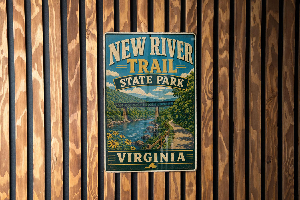A vintage-style metal sign for the New River Trail State Park in Virginia, featuring a scenic illustration of a river and mountains.