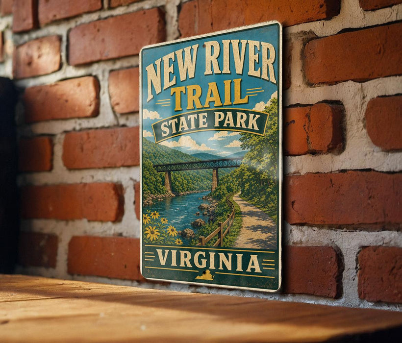 A vintage-style metal sign for the New River Trail State Park in Virginia, featuring a scenic illustration of a bridge and a river surrounded by lush greenery.