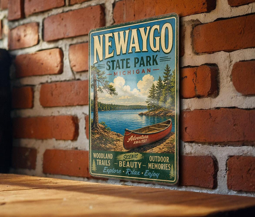 A vintage-style metal sign for Newaygo State Park, Michigan, featuring a scenic image of a canoe on a lake surrounded by pine trees.