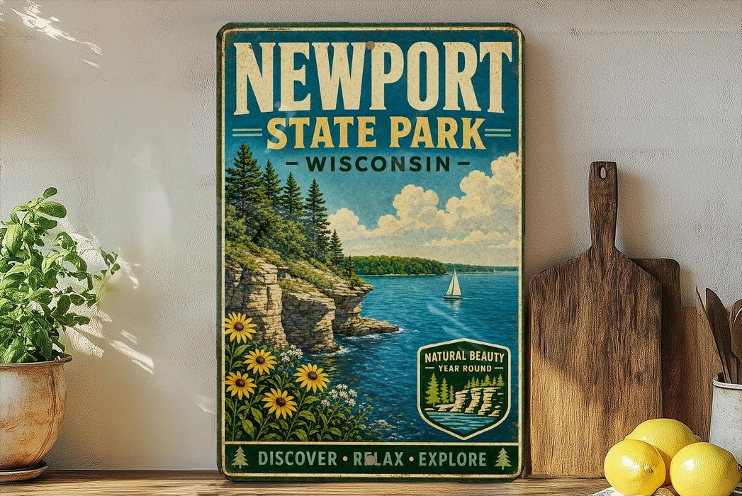 A vintage-style metal sign for Newport State Park in Wisconsin, featuring a scenic landscape with a lake, cliffs, and a sailboat.