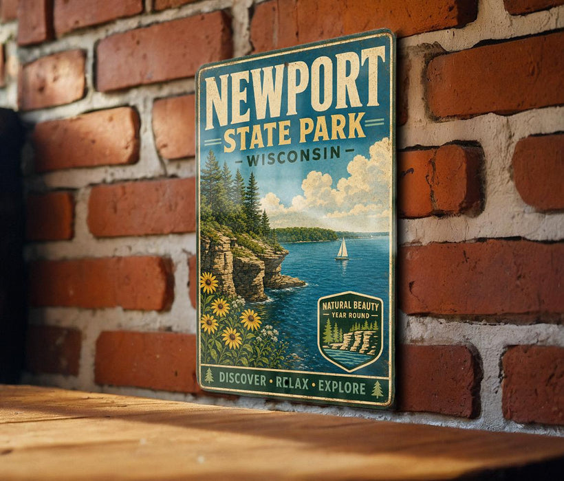 A vintage-style sign for Newport State Park in Wisconsin, featuring a scenic landscape with a lake, mountains, and a sailboat.