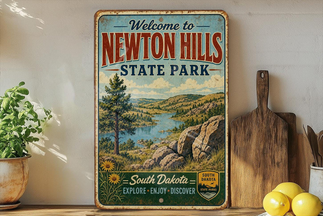 a vintage-style sign for Newton Hills State Park, with a scenic landscape of mountains, trees, and a river. The sign is displayed on a shelf next to a wooden cutting board and some potted plants.