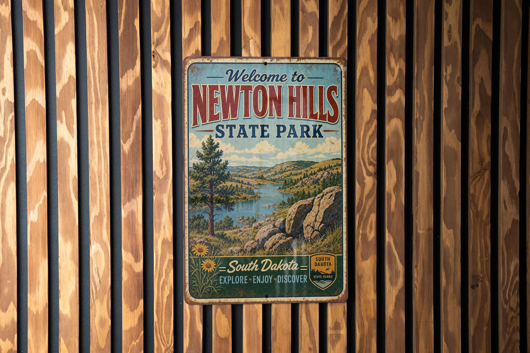 A vintage-style metal sign that reads "Welcome to Newton Hills State Park" is displayed on a wooden wall.
