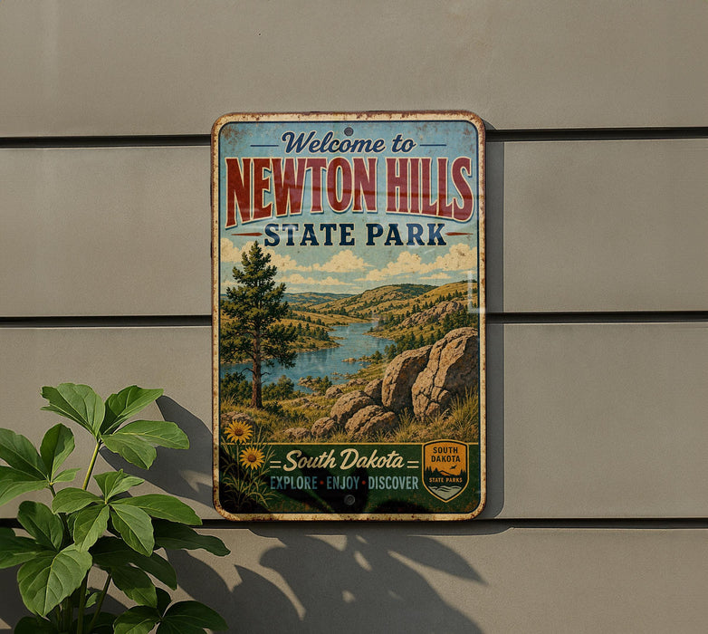 a vintage-style metal sign that reads "Welcome to Newton Hills State Park" with a scenic landscape of mountains, trees, and a lake below.