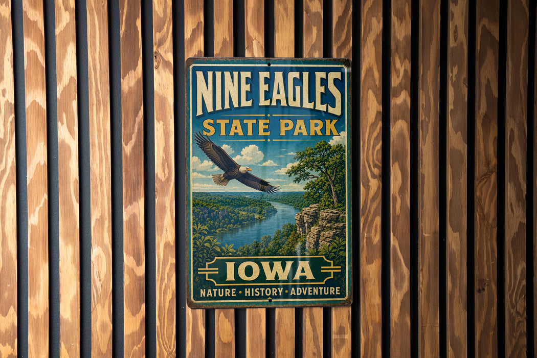 A vintage metal sign for Nine Eagles State Park in Iowa, featuring an eagle in flight over a scenic landscape.