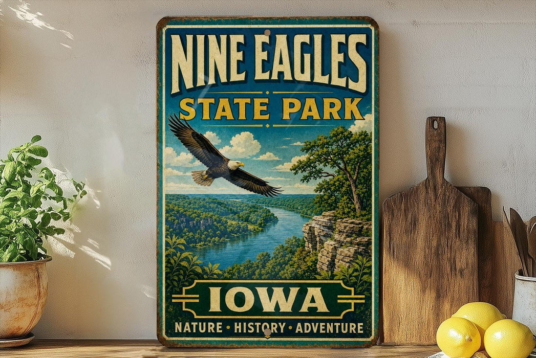 A vintage-style sign for Nine Eagles State Park in Iowa, featuring an eagle in flight over a scenic landscape.