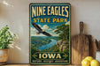 A vintage-style sign for Nine Eagles State Park in Iowa, featuring an eagle in flight over a scenic landscape.