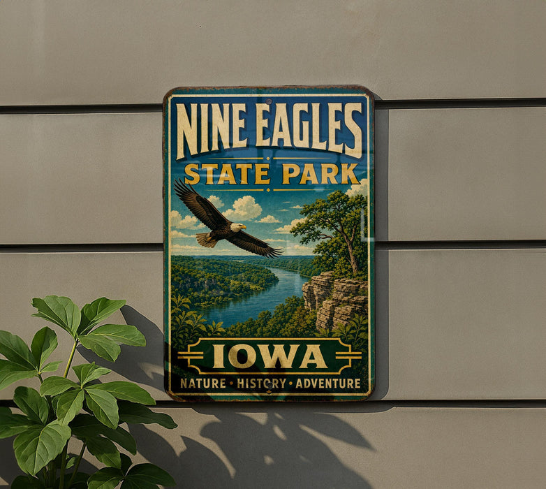 A vintage-style metal sign for Nine Eagles State Park in Iowa, featuring an eagle in flight and a scenic landscape.