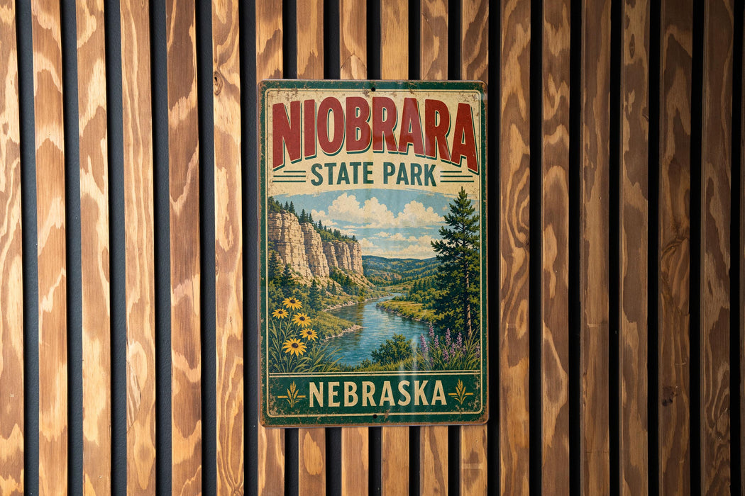 A vintage metal sign for Niobrara State Park in Nebraska, featuring a scenic landscape with a river and mountains.