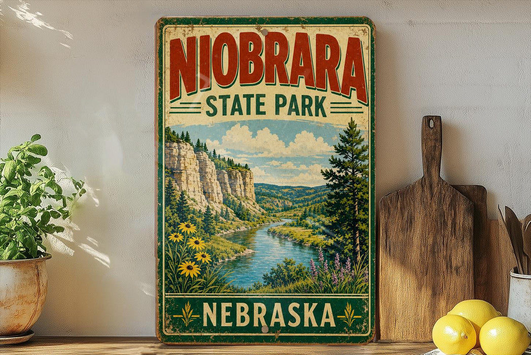A vintage-style sign for Niobrara State Park in Nebraska, featuring a scenic landscape with a river, mountains, and wildflowers.