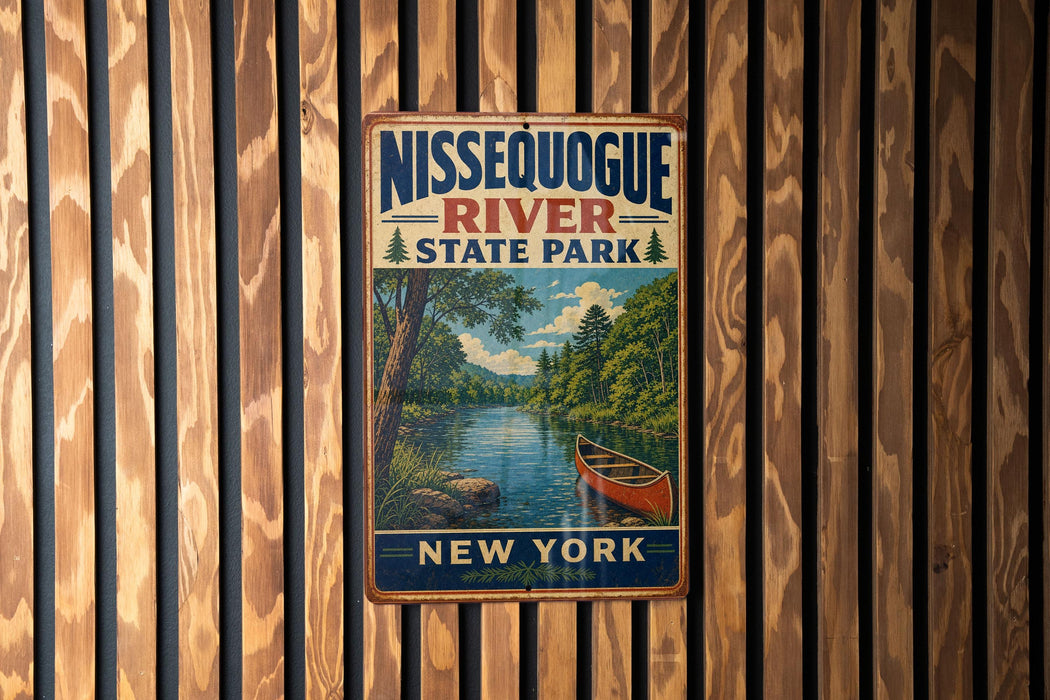 A vintage-style metal sign for Nissequogue River State Park in New York, featuring a scenic image of a canoe on the river.
