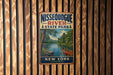 A vintage-style metal sign for Nissequogue River State Park in New York, featuring a scenic image of a canoe on the river.