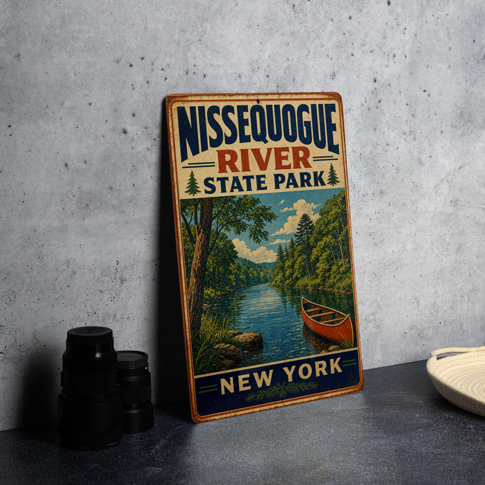 A vintage-style metal sign for Nissequogue River State Park in New York, featuring a scenic illustration of a river and forest.