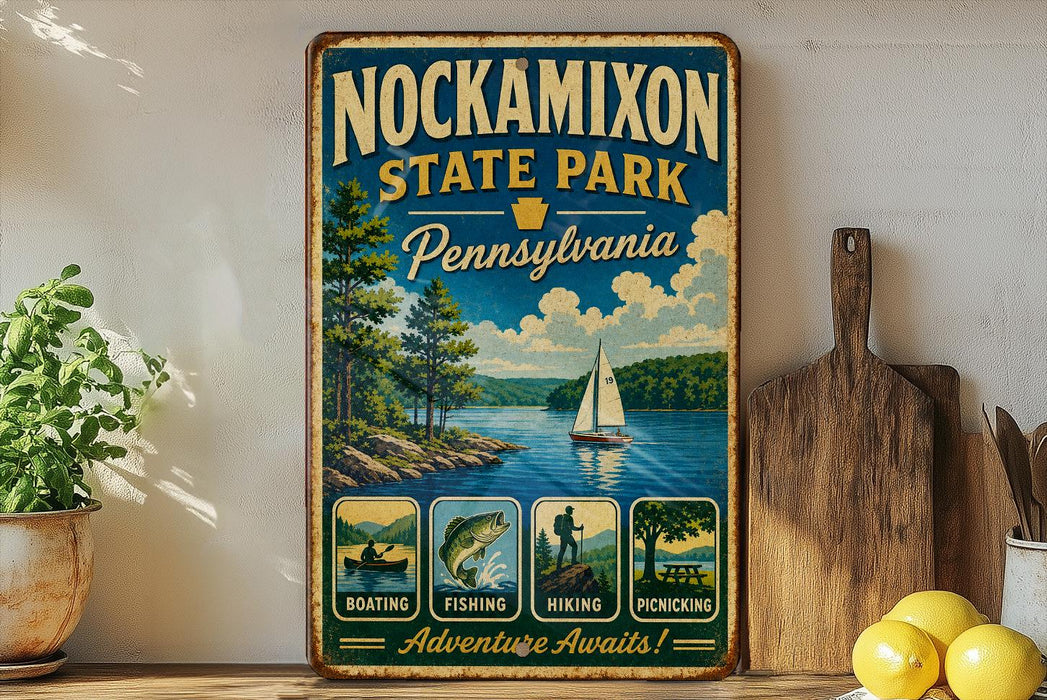 A vintage-style sign for Nockamixon State Park in Pennsylvania, featuring illustrations of various outdoor activities such as boating, fishing, hiking, and picnicking.