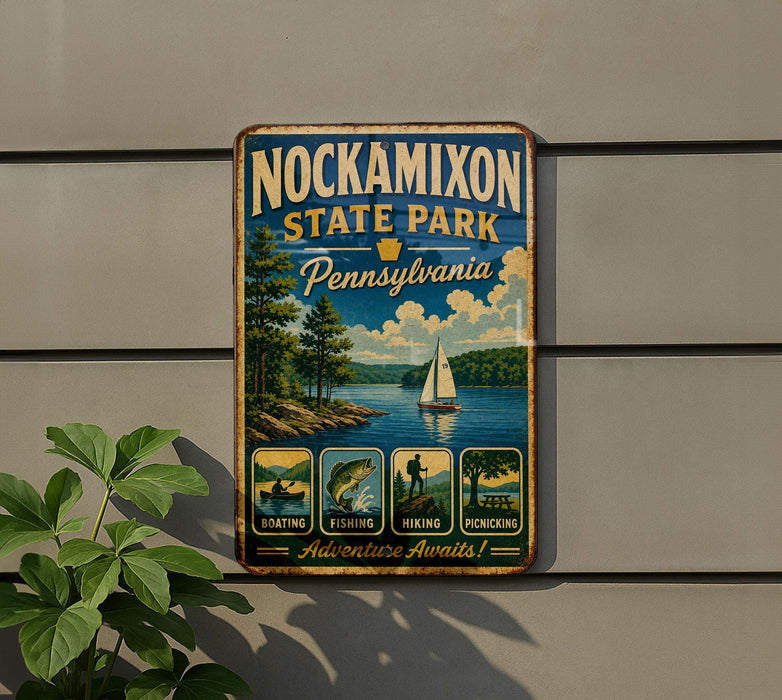 A vintage-style metal sign for Nockamixon State Park in Pennsylvania, featuring illustrations of various outdoor activities such as boating, fishing, hiking, and picnicking.