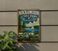 A vintage-style metal sign for Nockamixon State Park in Pennsylvania, featuring illustrations of various outdoor activities such as boating, fishing, hiking, and picnicking.