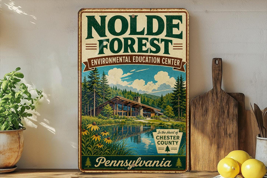 a vintage-style sign for the Nolde Forest Environmental Education Center in Chester County, Pennsylvania.