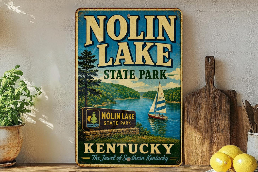 A vintage-style sign for Nolin Lake State Park in Kentucky, featuring a sailboat on the lake and a scenic landscape.
