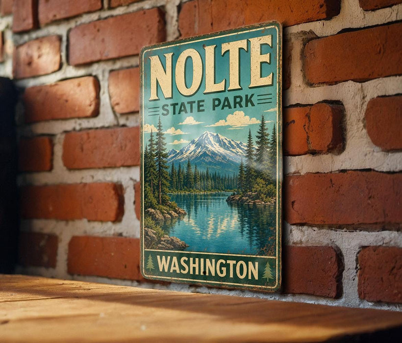 A vintage-style metal sign for NOLTE State Park in Washington, featuring a scenic mountain landscape with a lake and pine trees.