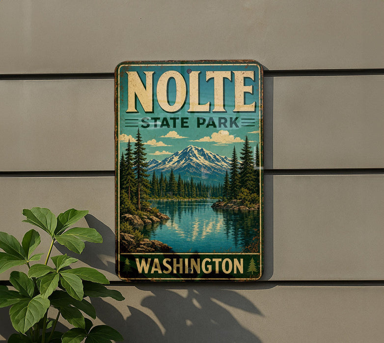 A vintage-style metal sign for Nolte State Park in Washington, featuring a scenic landscape with mountains, pine trees, and a lake.