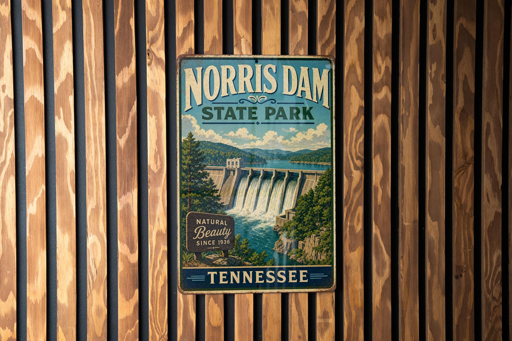 A vintage-style metal sign for the Norris Dam State Park in Tennessee, featuring a scenic illustration of the dam and surrounding landscape.
