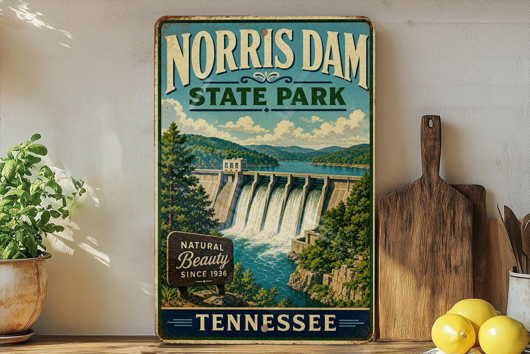 A vintage-style sign for Norris Dam State Park in Tennessee, featuring a scenic illustration of the dam and surrounding landscape.