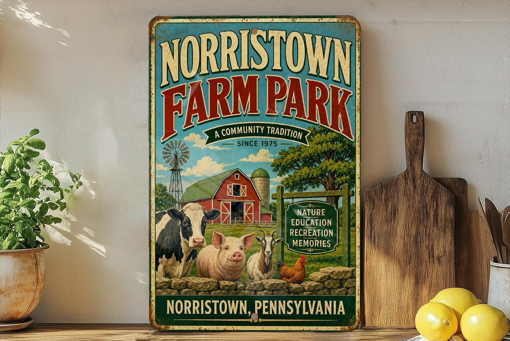 A vintage-style metal sign for Norristown Farm Park, featuring illustrations of farm animals and a barn, is displayed on a shelf next to a wooden cutting board and some lemons.