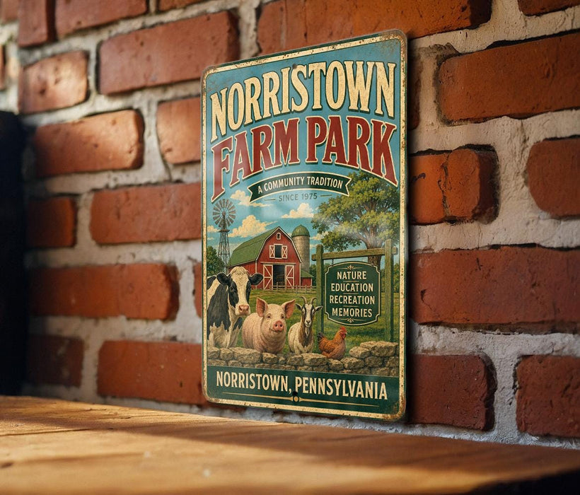 A vintage metal sign for Norristown Farm Park, featuring illustrations of farm animals and a barn, is displayed on a brick wall.