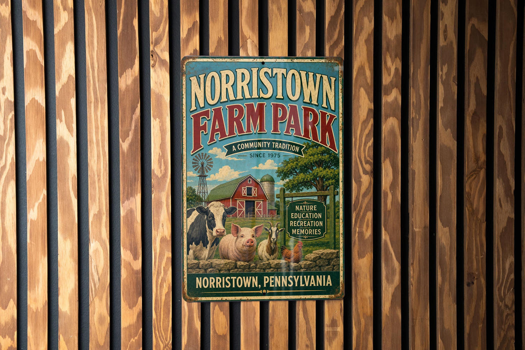 A vintage metal sign for Norristown Farm Park, featuring a barn, windmill, and farm animals, is displayed on a wooden wall.