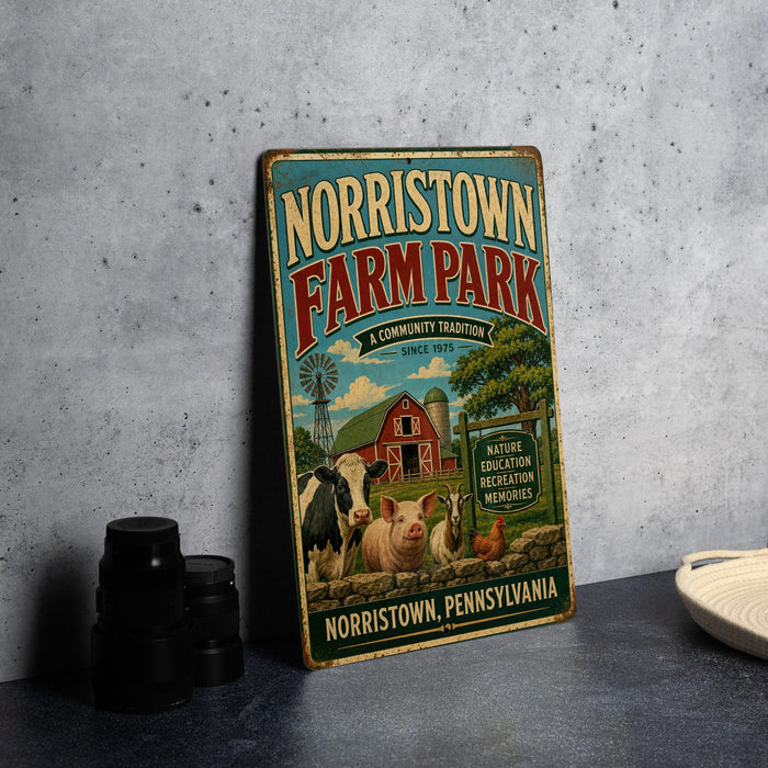 A vintage-style metal sign for Norristown Farm Park, featuring illustrations of farm animals and a barn, is displayed on a gray countertop.