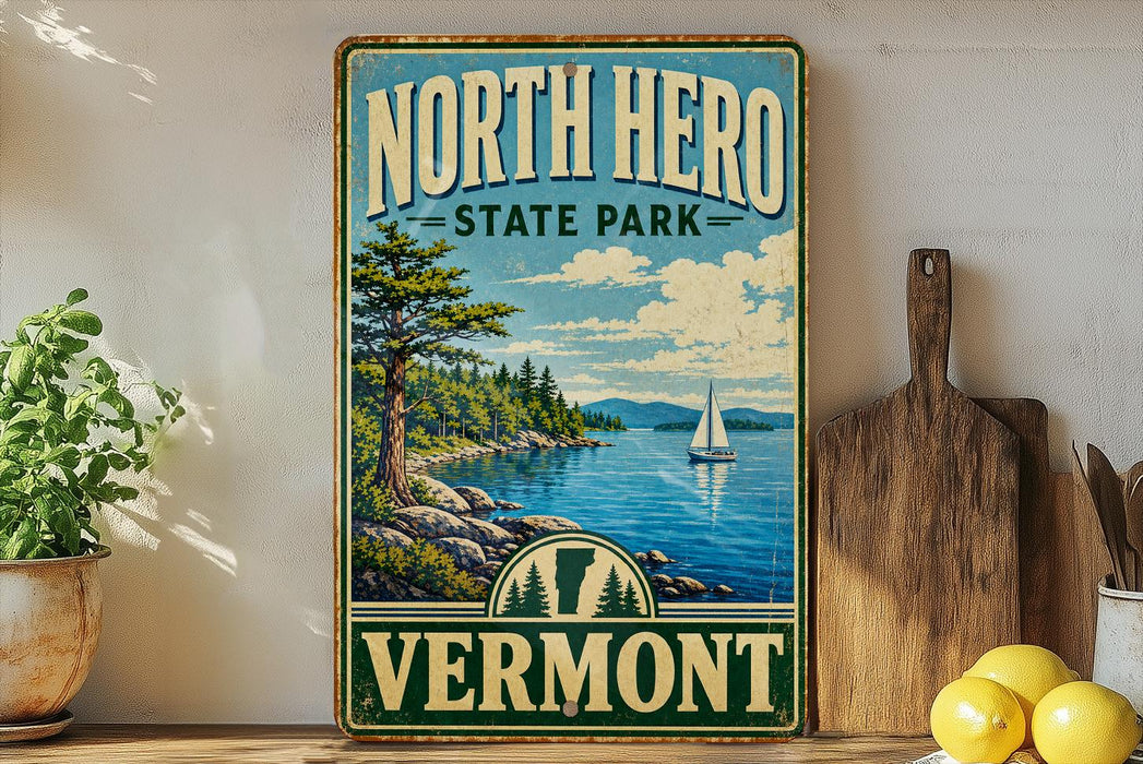 A vintage-style sign for North Hero State Park in Vermont, featuring a scenic landscape with a lake, mountains, and a sailboat.