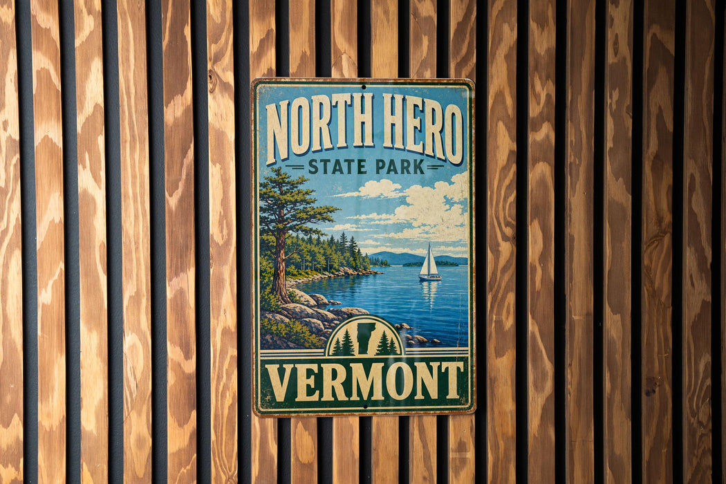 A vintage metal sign for North Hero State Park in Vermont, featuring a scenic landscape with a sailboat on the water.