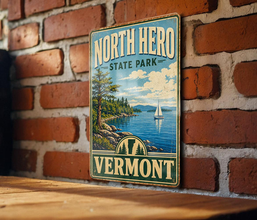 A vintage-style metal sign for Vermont State Park, featuring a scenic landscape with a sailboat on the water and a mountain in the background.