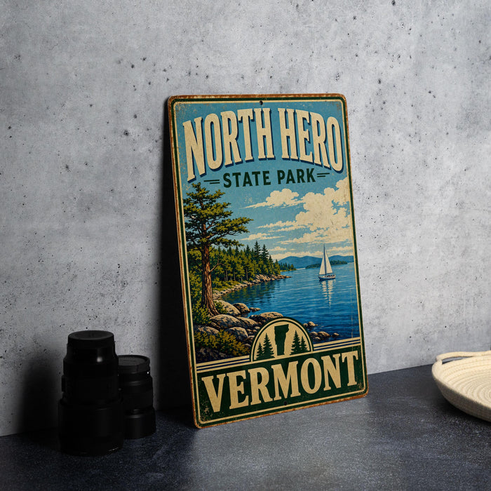 A vintage metal sign for North Hero State Park in Vermont, featuring a scenic landscape with a sailboat on the water.